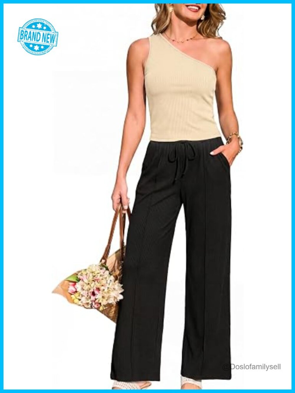 2 Piece Ribbed Knit One Shoulder Top Wide Leg Pants Lounge Set